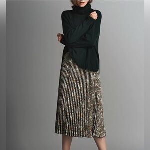 H&M x Morris & Co Pleated Midi Skirt Navy & Beige Floral Elastic Waistband Small